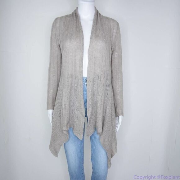 Cynthia Rowley wool blend open front shark bite hem light brown cardigan, L - Picture 3 of 15